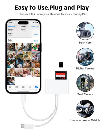 SD Card Reader for iPhone iPad Camera with USB C, Dual Card Slot USB 3.0 Memory Card Reader Supports SD/TF Card Trail Camera Viewer SD Card Adapter Portable Micro SD Card Reader No App Plug and Play