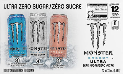 Monster Energy, Ultra Variety Pack (Zero Ultra, Ultra Blue Hawaiian, Ultra Peachy Keen), 473mL (12 Pack) - Zero Sugar Energy Drink