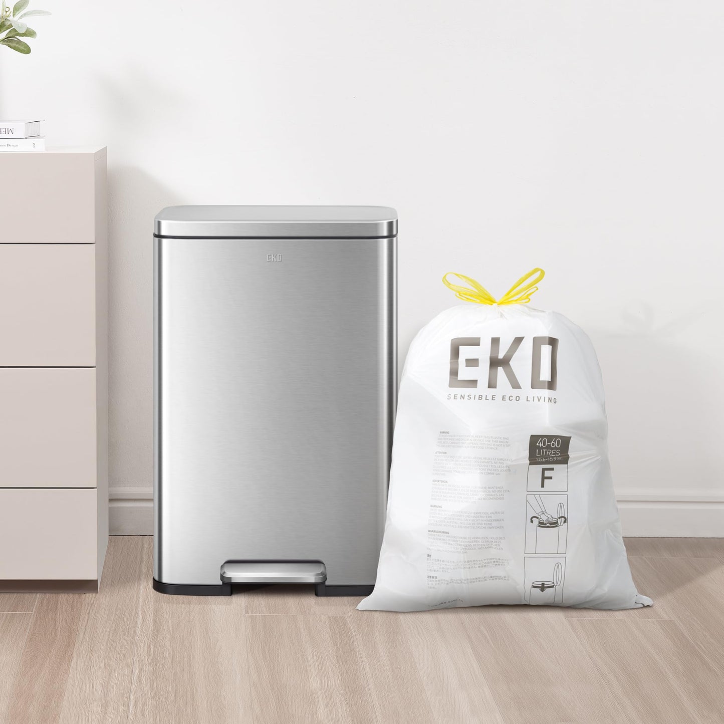 EKO 13 Gallon / 40-60 Liter Drawstring Trash Bags, Extra-Strong Unscented Garbage Bags, 60 Count Easy-Dispense Roll for Kitchen & Household Use, Leak-Resistant, Code F, White EKO