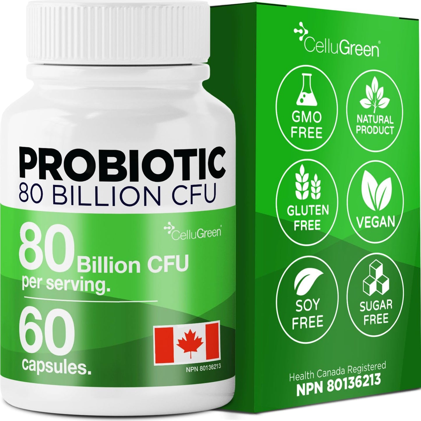 CelluGreen Probiotics 80 Billion CFU for Men & Women – 15 Strains – Digestive & Gut Health Support – Bloating & Gas Relief – Shelf Stable, Vegan, Non-GMO – 60 Capsules - Available at All In One Marketplace Canada