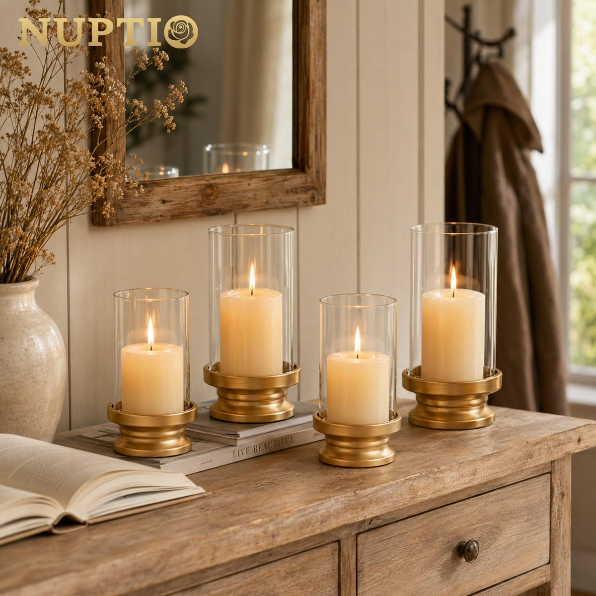 NUPTIO Hurricane Glass Candle Holders for Pillar - Matte Gold - Set of 2 🍁 All In One Marketplace Canada