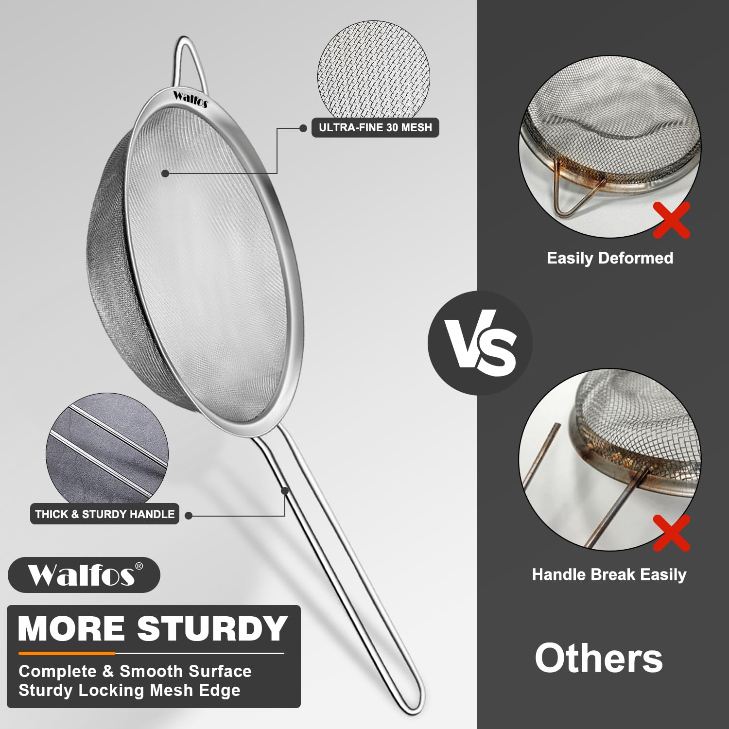 Walfos Fine Mesh Strainers Set, Premium Stainless Steel Sieve and Sifter with Sturdy Handle, Metal Kitchen Strainers Perfect for for Food, Rice, Quinoa, Fruit, Tea, Flour- 3 Sizes - Available at All In One Marketplace Canada