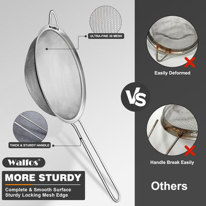 Walfos Fine Mesh Strainers Set, Premium Stainless Steel Sieve and Sifter with Sturdy Handle, Metal Kitchen Strainers Perfect for for Food, Rice, Quinoa, Fruit, Tea, Flour- 3 Sizes - Available at All In One Marketplace Canada