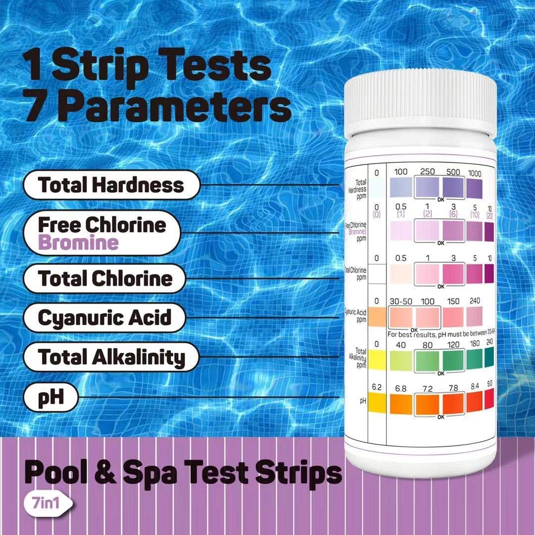 TESPERT Pool and Spa Test Strips Hot Tub Test Strips 7-in-1 125 Strips Pack, Chemistry Test Kit for Test Bromine, Total Alkalinity, pH, Free Chlorine, Total Hardness, Cyanuric Acid, and Total Chlorine