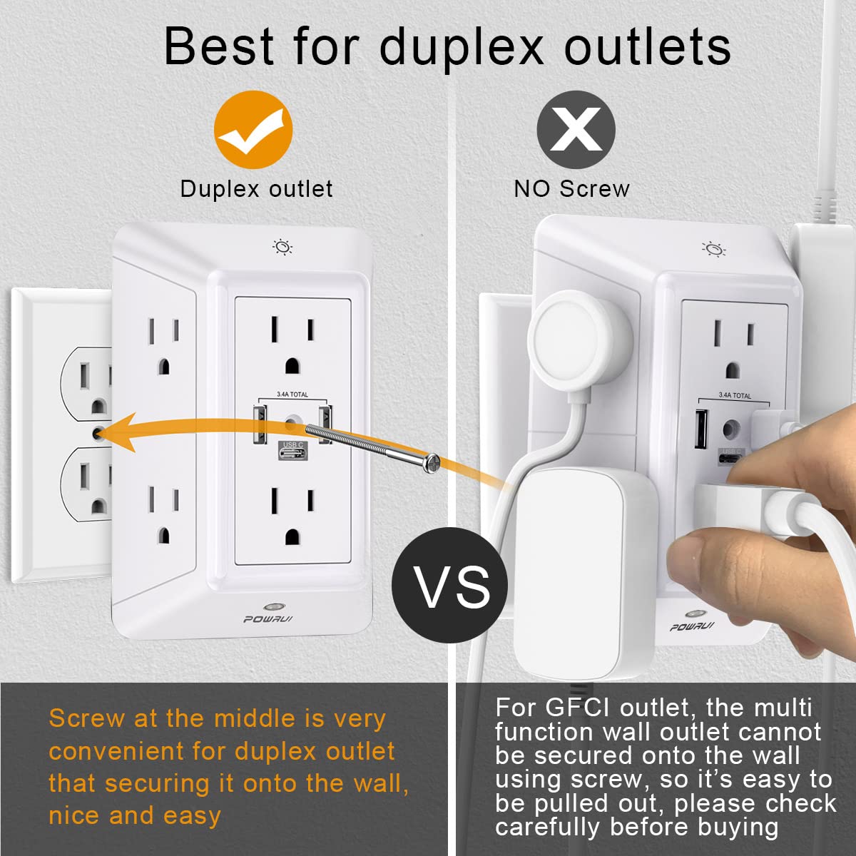 3-Sided Power Bars with Surge Protector, POWRUI 6-Outlet Extender with 3 USB Ports (1 USB C) and Night Light, Multi Plug Outlet and Spaced Outlets Adapter, ETL, White - Available at All In One Marketplace Canada