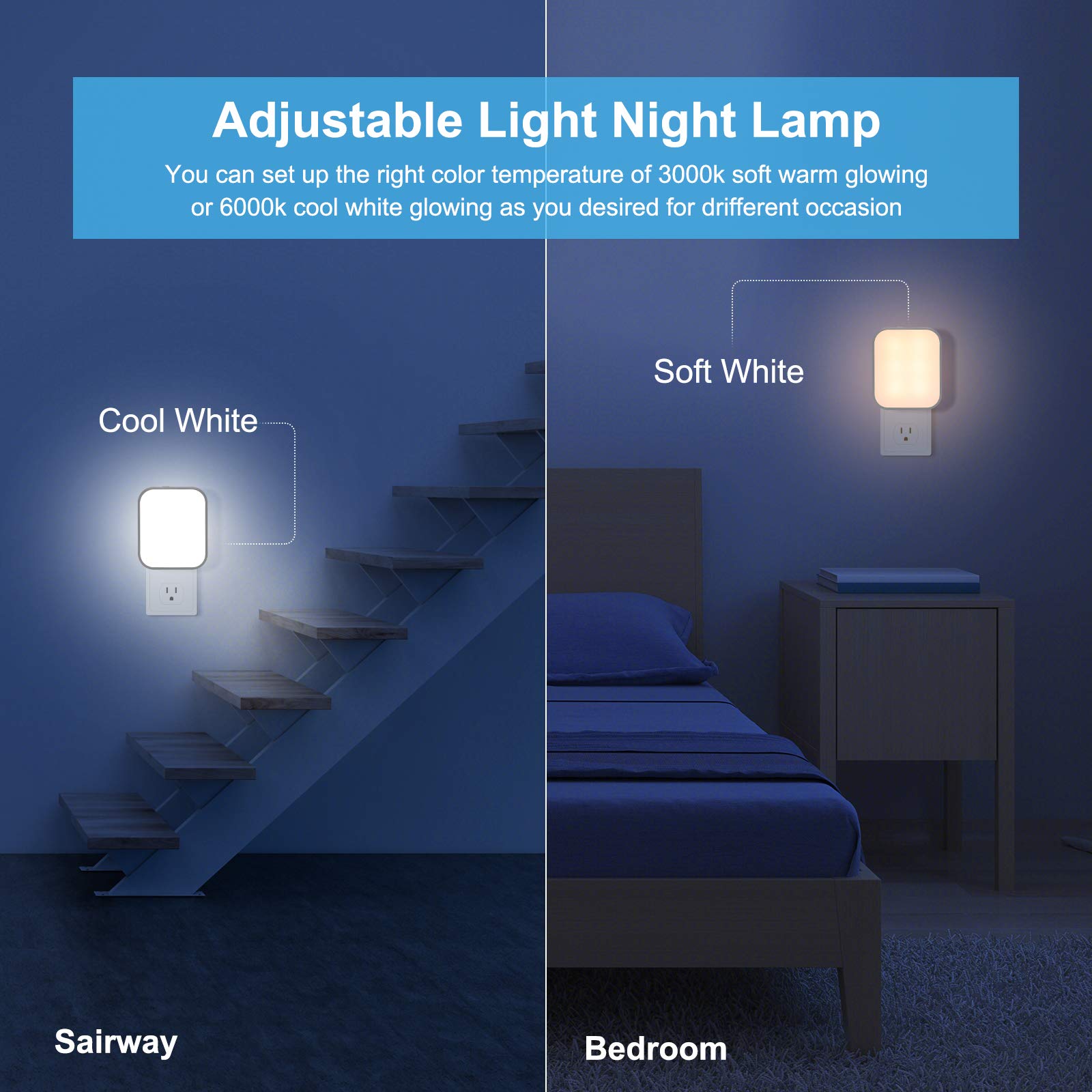 Lomotech Plug-in LED Night Light, 4 Pack Adjustment Lighting White Night Lights, Dusk to Dawn Sensor Nightlight, ETL Certified Night Lamp for Bedroom,Toilet,Stairway,Hallways (Soft White & Cool White)