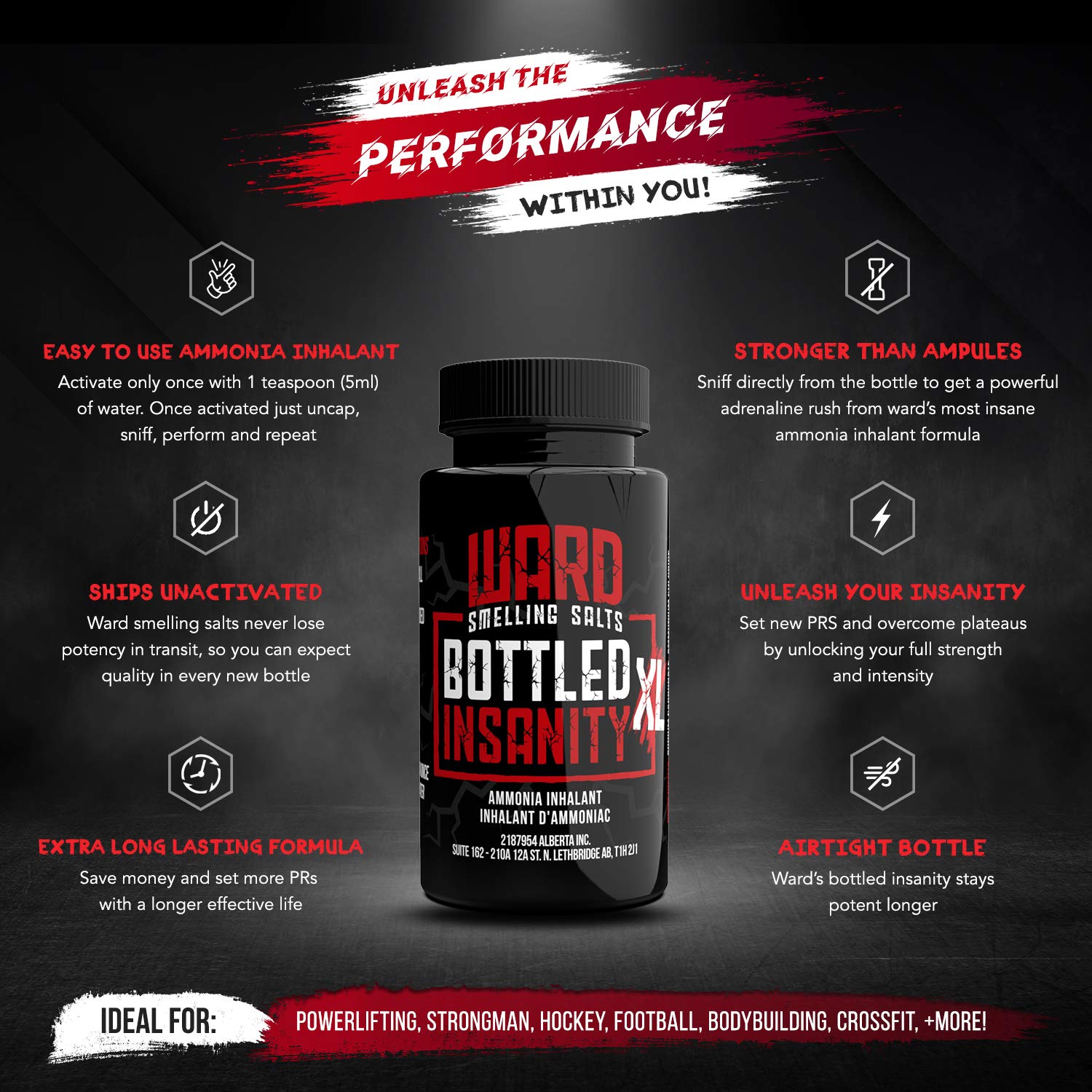 Ward Smelling Salts - Bottled Insanity - Insanely Strong Smelling Salt For Powerlifting Hockey Football Weight Lifting and More | Insane Smelling Salt - Available at All In One Marketplace Canada
