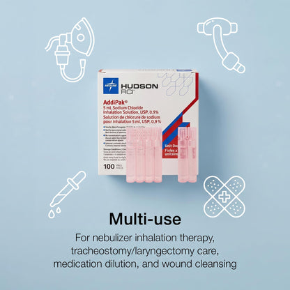 Hudson RCI AddiPak Saline Solution 5 mL Unit Dose Vials 0.9 Percent Single Use Disposable Capsules for Nebulizer Use Accurate Dispensing Travel Friendly Box of 100
