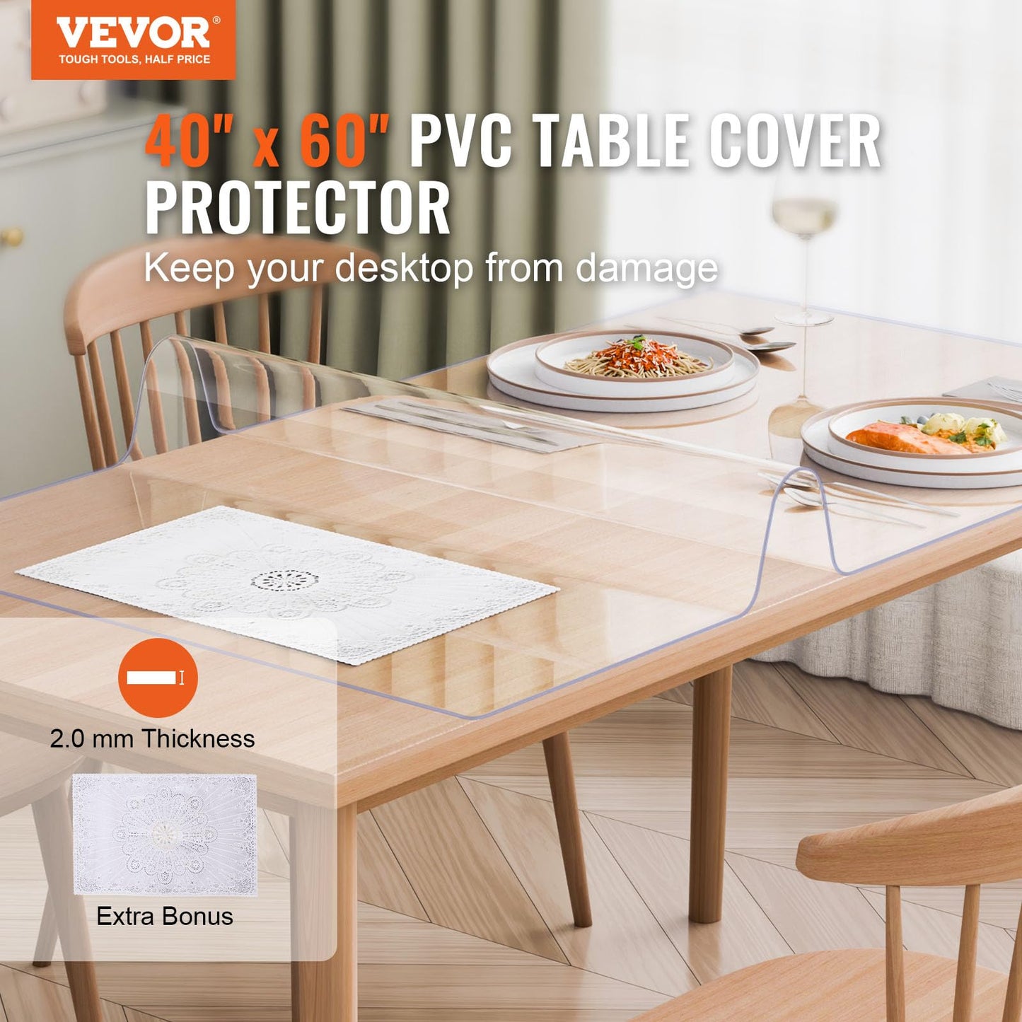 VEVOR Plastic Table Cover, 40 x 60 Inch 2.0 mm Thick Clear Table Protector, Rectangle PVC Desk Mat, Waterproof & Easy Cleaning Desk Pad Tablecloth, for Office Dresser Dining Room Table Night Stand VEVOR