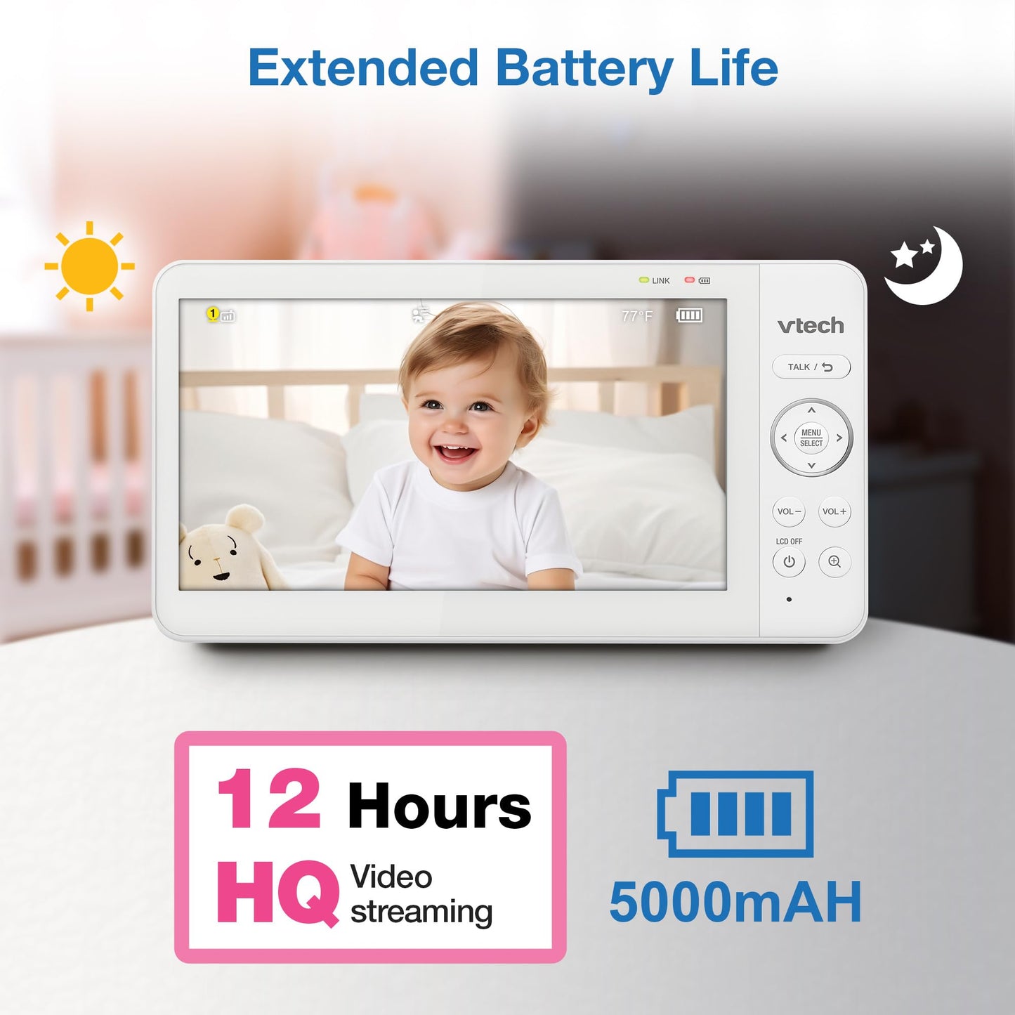 VTech Advanced HQ Max 7" Digital Video Baby Monitor with Pan-Tilt-Zoom, Night Light, Long Range, 2-WayTalk, Display, and Lullabies, No WiFi, White VTech