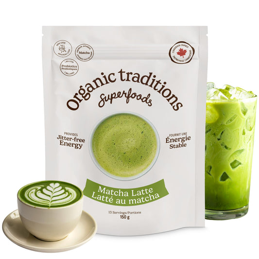 Organic Traditions Matcha Latte Powder, Japanese Matcha Green Tea With Coconut Milk, Naturally Occurring Caffeine And L Theanine, Lightly Sweetened Instant Latte Drink With Probiotics, 150g / 5.3oz - Available at All In One Marketplace Canada