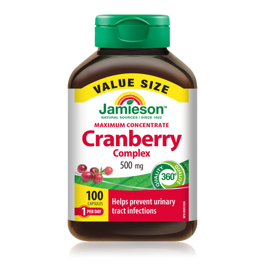 Jamieson Cranberry Complex, with 450 mg Cranberry Extract and 50 mg D-Mannose, Antioxidant, Max Concentrate, and Protects Against Urinary Tract Infections. Non-GMO, Gluten-Free, 100 Vegetarian Capsules - Available at All In One Marketplace Canada