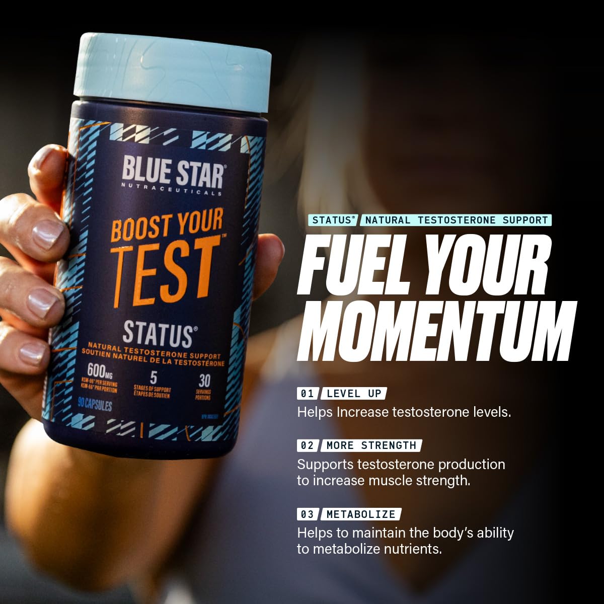 Blue Star Nutraceuticals Status - Natural Testosterone Support, Helps Increase Testosterone Levels & Muscle Strength, Clinically Researched Ingredients, 90 Veggie Caps, 30 Day Supply (NPN 80083809) - Available at All In One Marketplace Canada