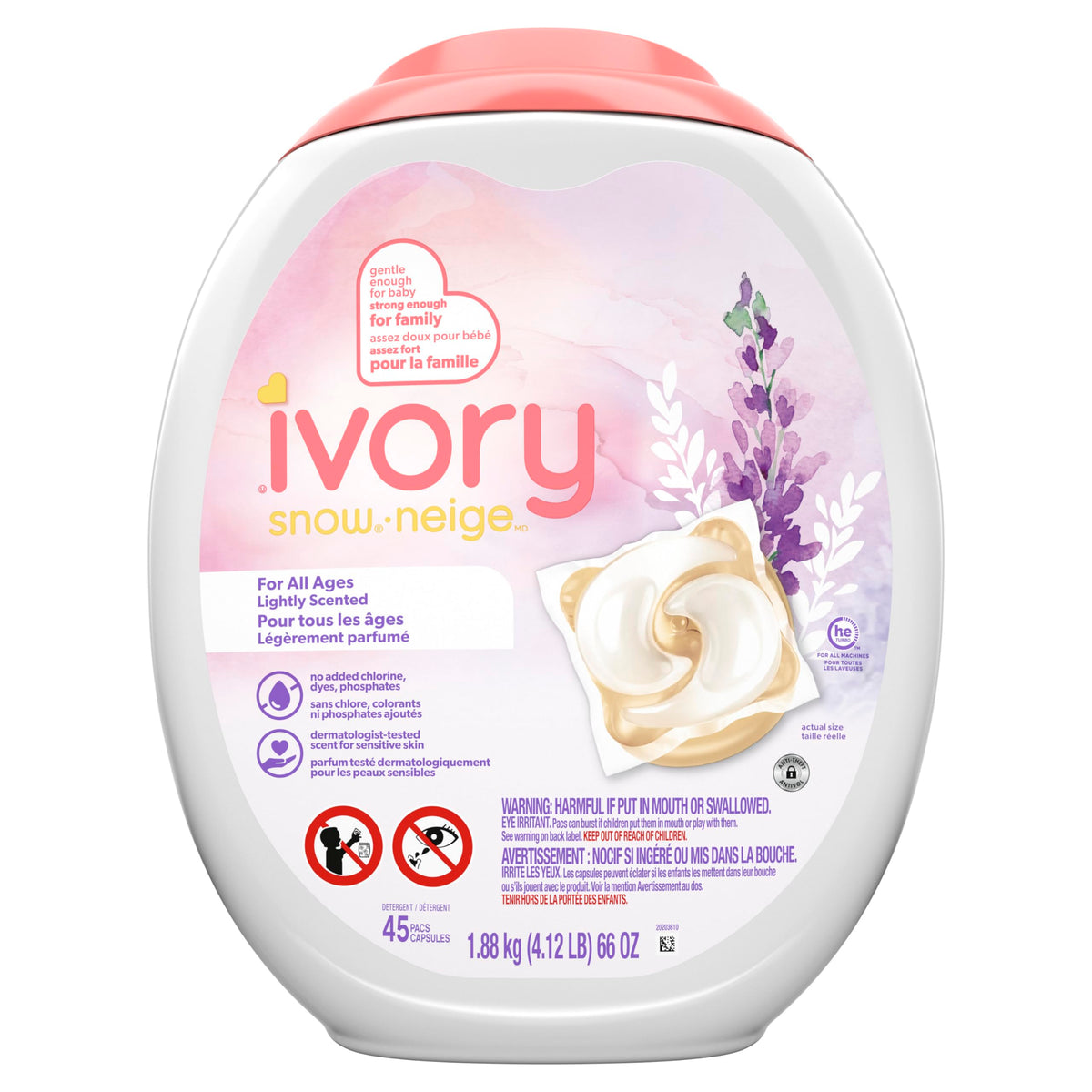 Ivory Snow Laundry Detergent Pacs Lightly Scented Lavender HE Compatible, 45