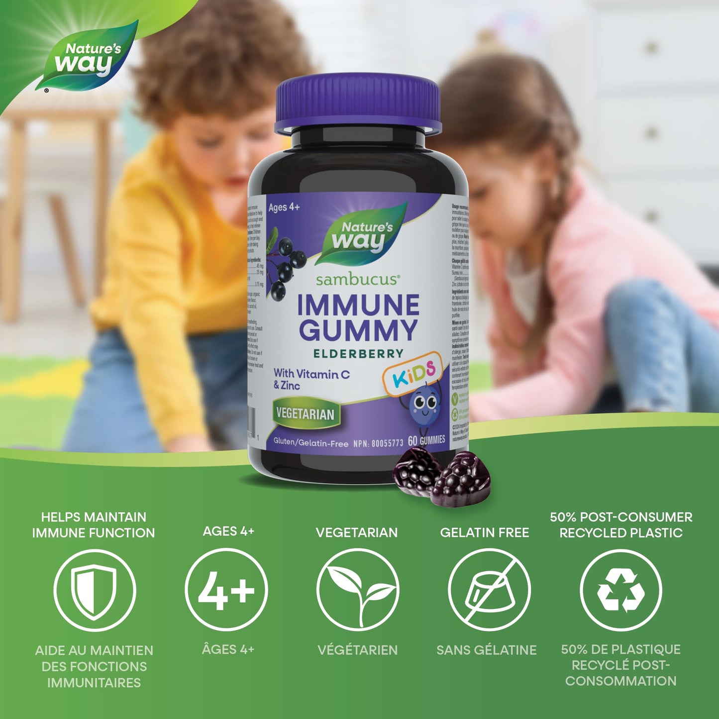 Nature's Way Sambucus Immune Cold and Flu Care Elderberry Gummies with Vitamin C and Zinc - Immune Support for Kids 4+, 60 Gummies - Available at All In One Marketplace Canada