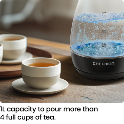 Chefman 1L Electric Tea Kettle with LED Lights, Automatic Shut Off, Removable Lid, Boil-Dry Protection, Hot Water Electric Kettle Water Boiler, Electric Kettles for Boiling Water - Available at All In One Marketplace Canada
