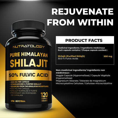 Nutratology® Pure Shilajit Capsules | 50% Fulvic Acid | High Potency & Purity - Sourced from the Himalayan Mountains - Shilajit for Men & Women - 120 Count - Available at All In One Marketplace Canada
