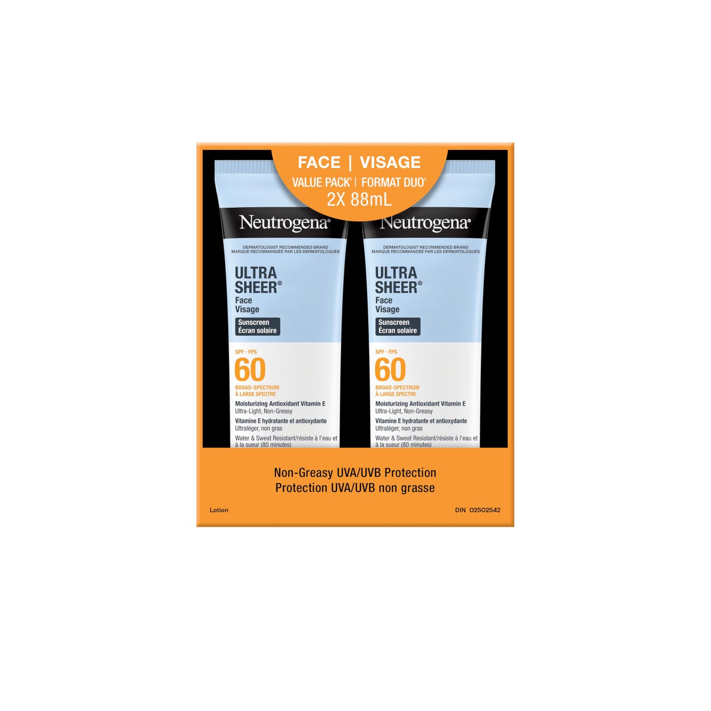 Neutrogena Ultra Sheer Face Sunscreen SPF 60, non-greasy, lightweight, 88 mL (Twin Pack)