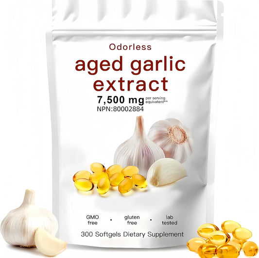 Aged Garlic Extract Capsules 7500mg Odorless – 300 Count Aged Garlic Supplement for Immune Support，Organic, Non-GMO, Vegetarian Softgels(1 PCS) - Available at All In One Marketplace Canada