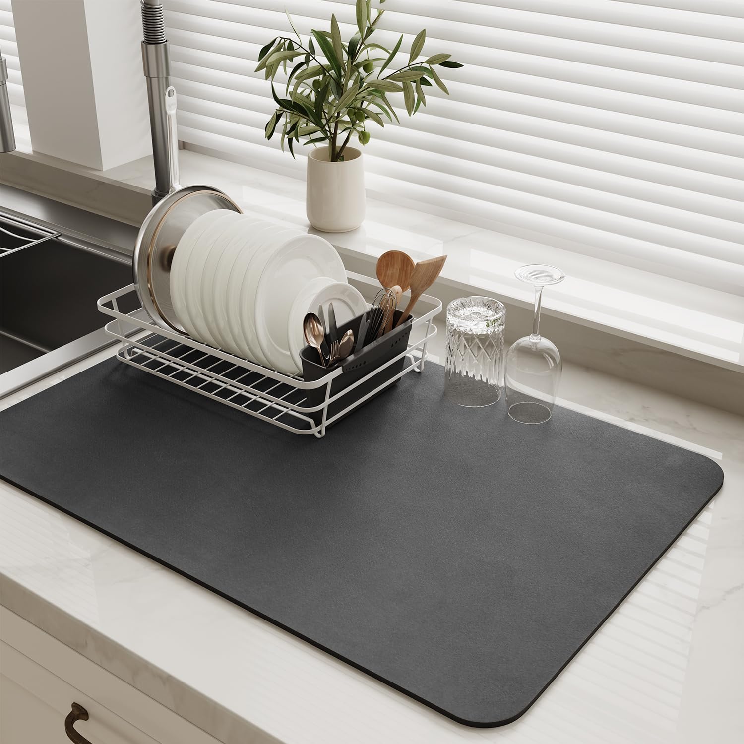 MontVoo-Absorbent Dish Drying Mat-Kitchen Counter Rubber Backed Water Absorbing Drying Mat-Hide Stain Under Dish Mat Quick Dry Coffee Mat-Dark Grey 12''x19'' - Available at All In One Marketplace Canada