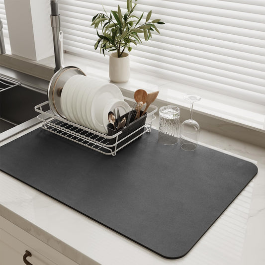 MontVoo-Absorbent Dish Drying Mat-Kitchen Counter Rubber Backed Water Absorbing Drying Mat-Hide Stain Under Dish Mat Quick Dry Coffee Mat-Dark Grey 12''x19'' - Available at All In One Marketplace Canada