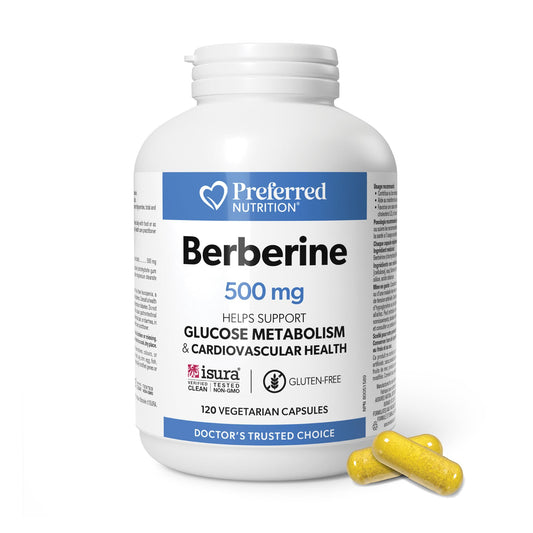 Preferred Nutrition Berberine MAXIMUM POTENCY 1000 mg per Serving (2 caps, 500 mg each), 120 Vegetarian Capsules = 60 Day Supply, Berberine Supplements, Canadian Company - Available at All In One Marketplace Canada