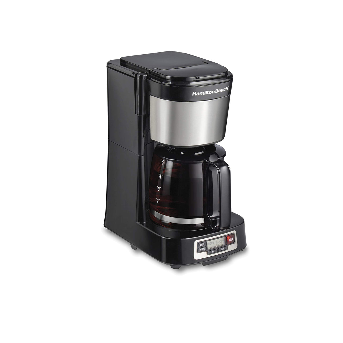 Hamilton Beach 5 Cup Compact Programmable Coffee Maker, FrontFill Water Reservoir, Small Drip Coffee Maker with Glass Carafe, Auto Pause & Pour, Space-Saving Design, Black & Stainless Steel (46111)