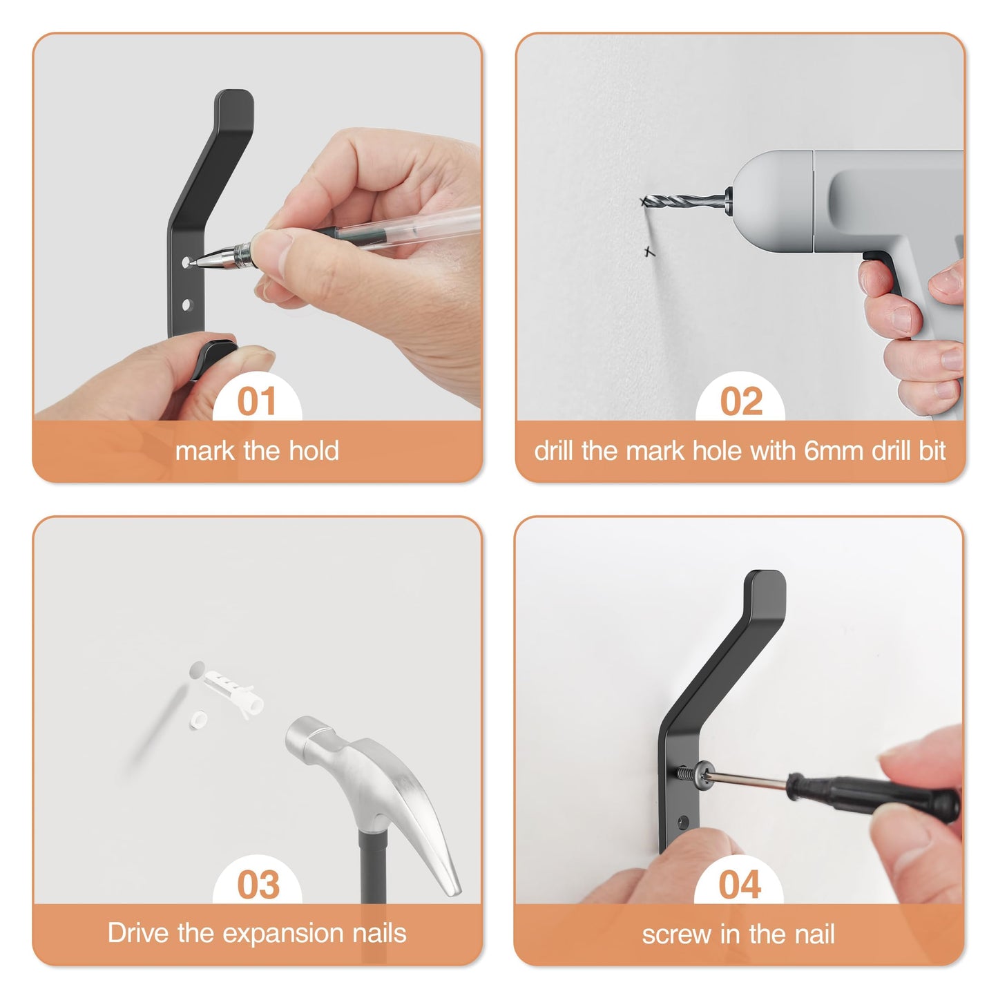 susswiff 10-Pack Coat Hook for Hanging, 10KG (Max), Stainless Wall Hooks for Towel, Hat, Backpack, Key, Clothes, Wall Mounted Coat Hanger for Closet, Black 10 CM - Available at All In One Marketplace Canada