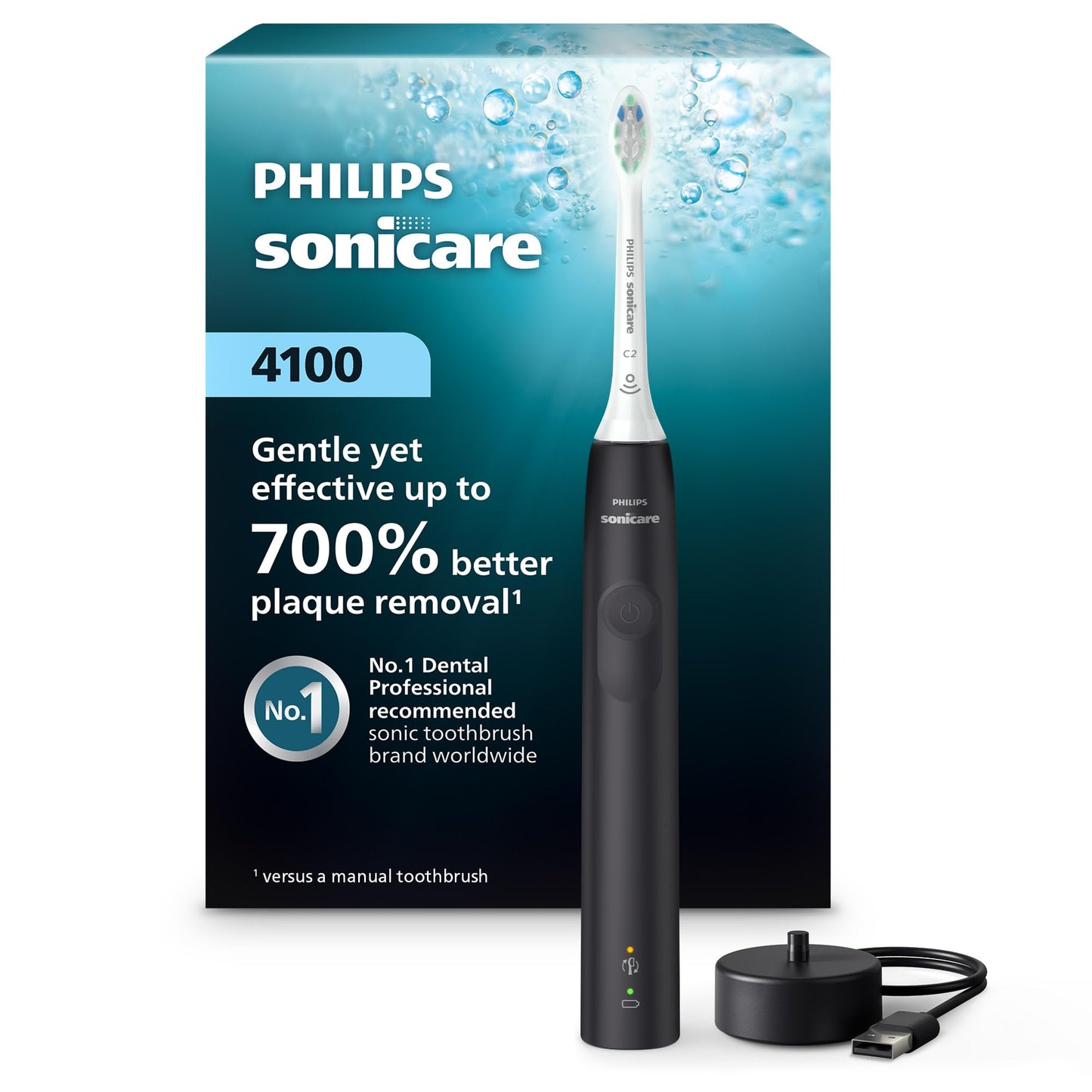 Philips Sonicare 4100 Power Toothbrush, Rechargeable Electric Toothbrush with Pressure Sensor, Black HX3681/24