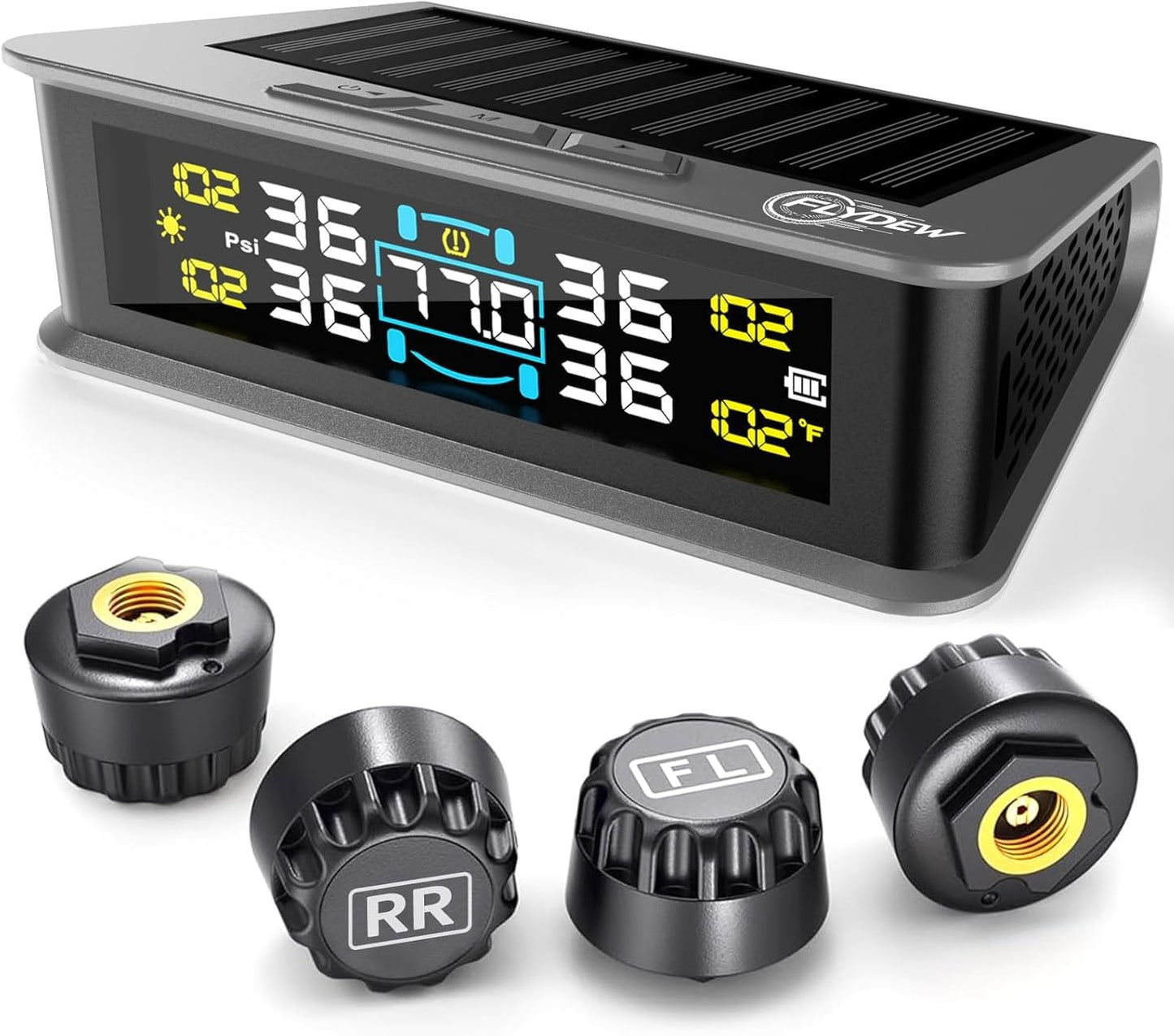Flydew RV Tire Pressure Monitoring System (TPMS) - TPMS sensors Set of 4 | Solar/USB Charger | LCD Display | for RV/Truck/SUV/MPV/Sedan | TPMS Kit