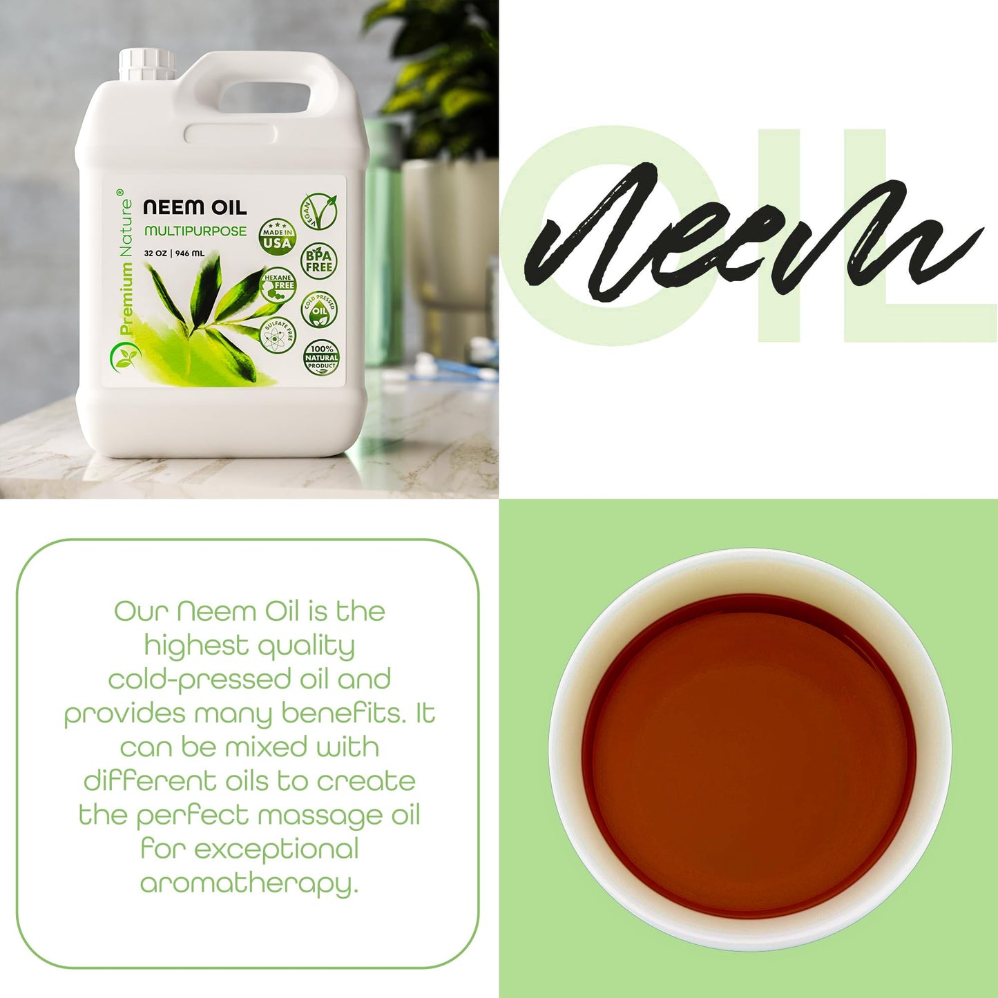 Neem Oil Multipurpose, 100% Natural Neem Oil, Cold-Pressed Unrefined, 946 ml - Available at All In One Marketplace Canada