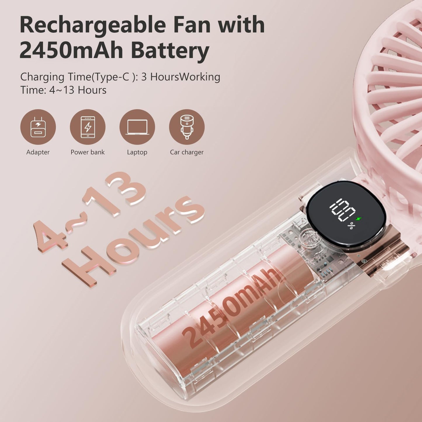 Xigmer Portable Fan, Handheld Fans 2-Pack, Mini Fan 5 Adjustable Speeds with Lanyard, Rechargeable Fans 180° Foldable for Makeup,Travel -Pink & Purple