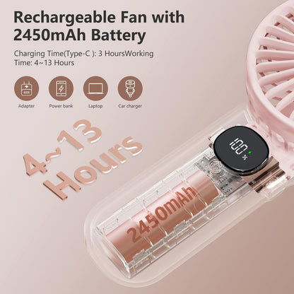 Xigmer Portable Fan, Handheld Fans 2-Pack, Mini Fan 5 Adjustable Speeds with Lanyard, Rechargeable Fans 180° Foldable for Makeup,Travel -Pink & Purple