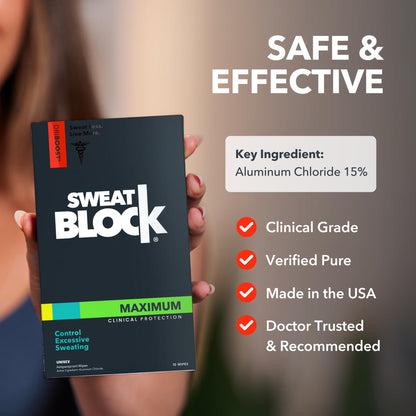SweatBlock Clinical Strength Antiperspirant Wipes- Treat Hyperhidrosis & Excessive Sweating - Up to 7 Days Protection Per Wipe - 10 count - Unisex - Available at All In One Marketplace Canada