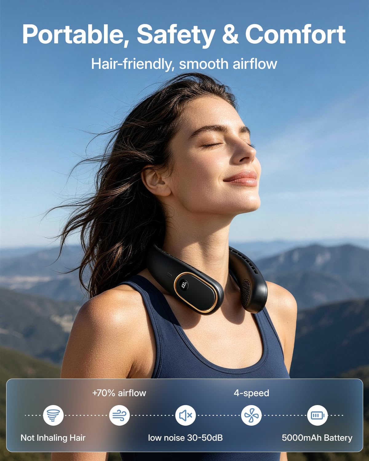 Portable Neck Fan - Hands Free Personal Fan, Rechargeable Bladeless Fan with 5000mAh-Battery, Digital Display, 4 Speeds, Birthday Gifts for Men, Women, Mom, and Dad - Black