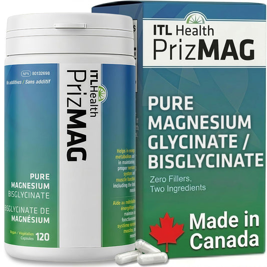 PrizMAG Pure Magnesium Bisglycinate, Magnesium Glycinate, 380mg of Mag Per Serving | Supports Muscle & Bone Health - Gentle on Digestion & High Absorption | Made in Canada - 120 Capsules - Available at All In One Marketplace Canada