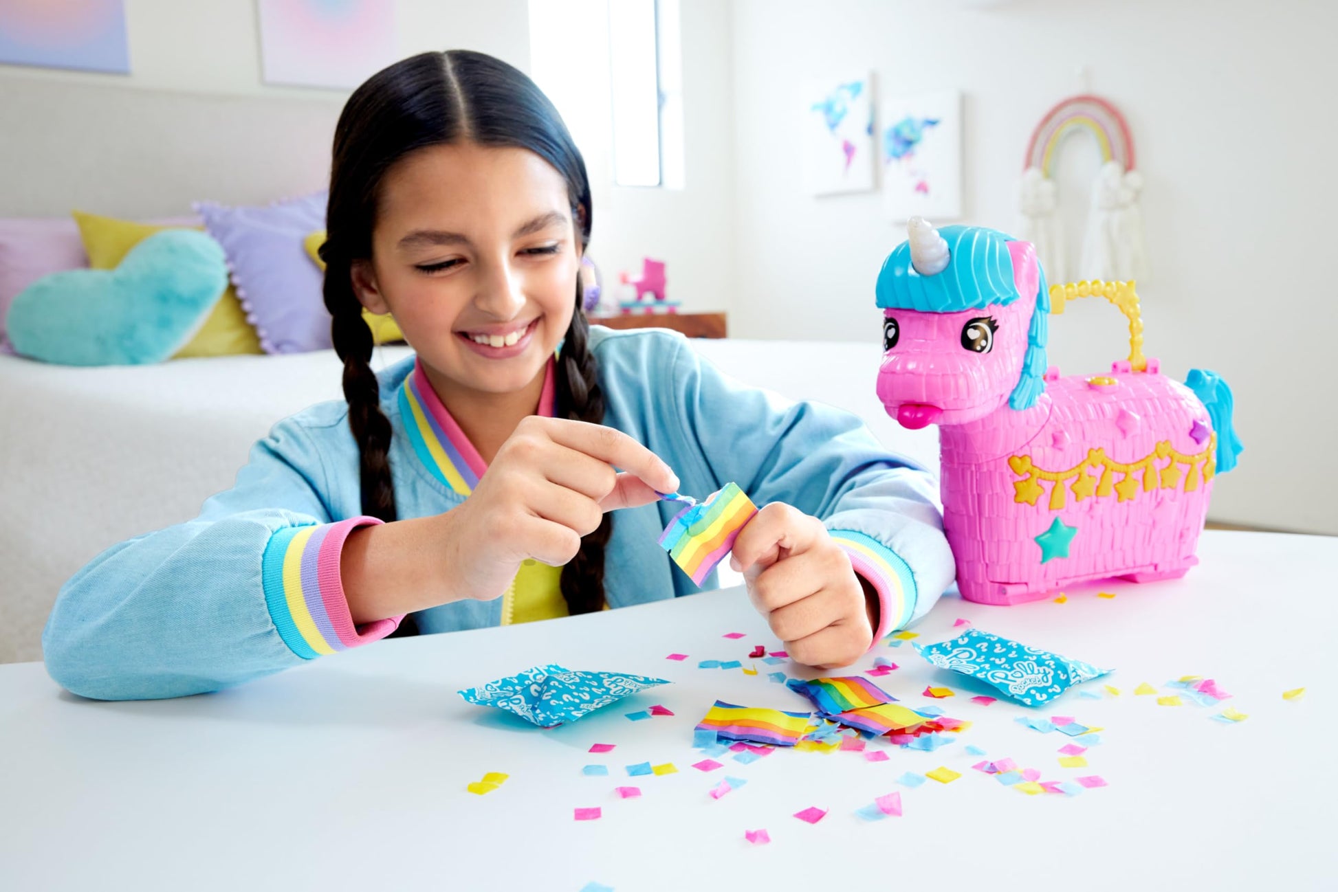 Polly Pocket Dolls & Playset with Pets & 25+ Surprise Accessories, Birthday Celebration Unicorn Partyland Playset, Hot Air Balloon Ride Mattel