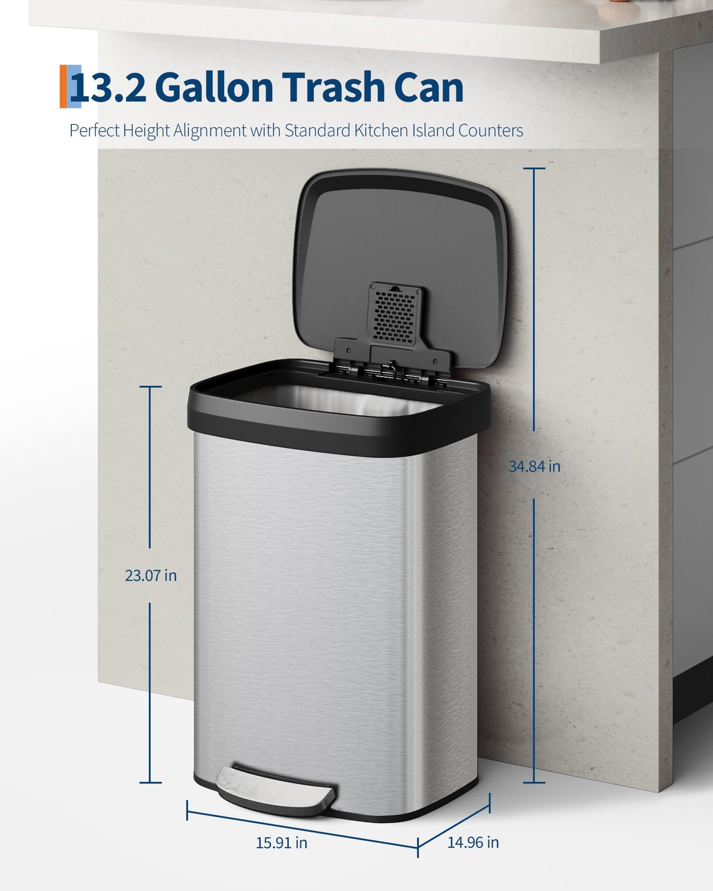 Garvee 13 gal / 50 L Stainless Steel Trash Can with Lid, Large Garbage Can for Kitchen, Rustproof Step-on Kitchen Metal Trash Bin with Liner Rim, Rear Handle, Soft Close Plastic Lid, Silver Garvee