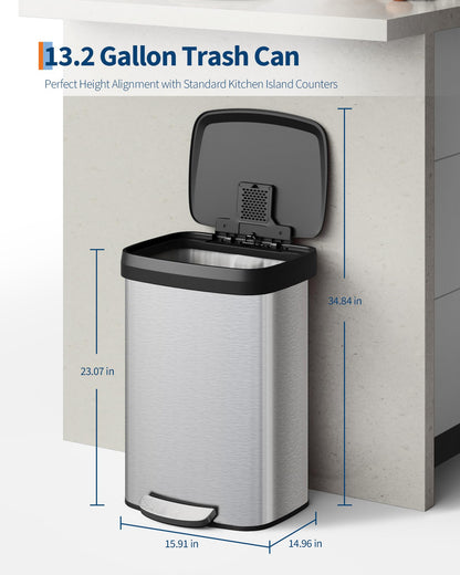 Garvee 13 gal / 50 L Stainless Steel Trash Can with Lid, Large Garbage Can for Kitchen, Rustproof Step-on Kitchen Metal Trash Bin with Liner Rim, Rear Handle, Soft Close Plastic Lid, Silver Garvee