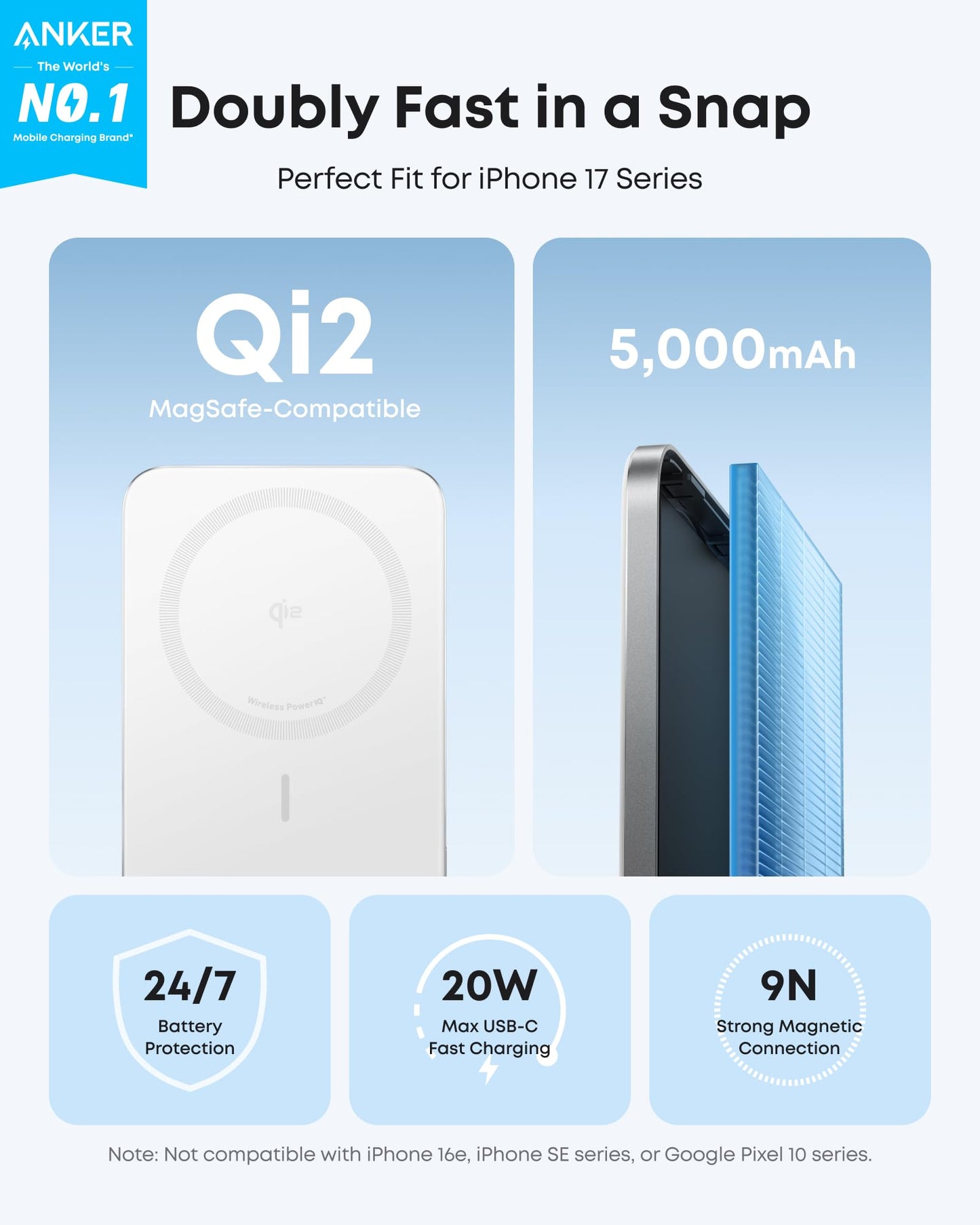 Anker Nano Power Bank, Ultra-Slim 5,000mAh Magnetic Battery Pack, Qi2 Certified 15W Max Ultra-Fast MagSafe-Compatible Portable Charger, Ergonomic Design, for iPhone 17/16/15/14/13/12 Series Only
