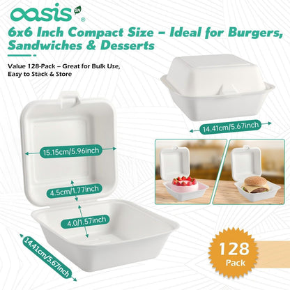 OasisSN [6x6, 128-Pack] Compostable Clamshell Take Out Food Containers, Biodegradable Bagasse Paper To-Go Boxes for Burgers, Sandwiches, Cake, Eco-Friendly, Microwave & Freezer Safe, White 🍁 All In One Marketplace Canada