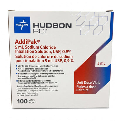 Hudson RCI AddiPak Saline Solution 5 mL Unit Dose Vials 0.9 Percent Single Use Disposable Capsules for Nebulizer Use Accurate Dispensing Travel Friendly Box of 100