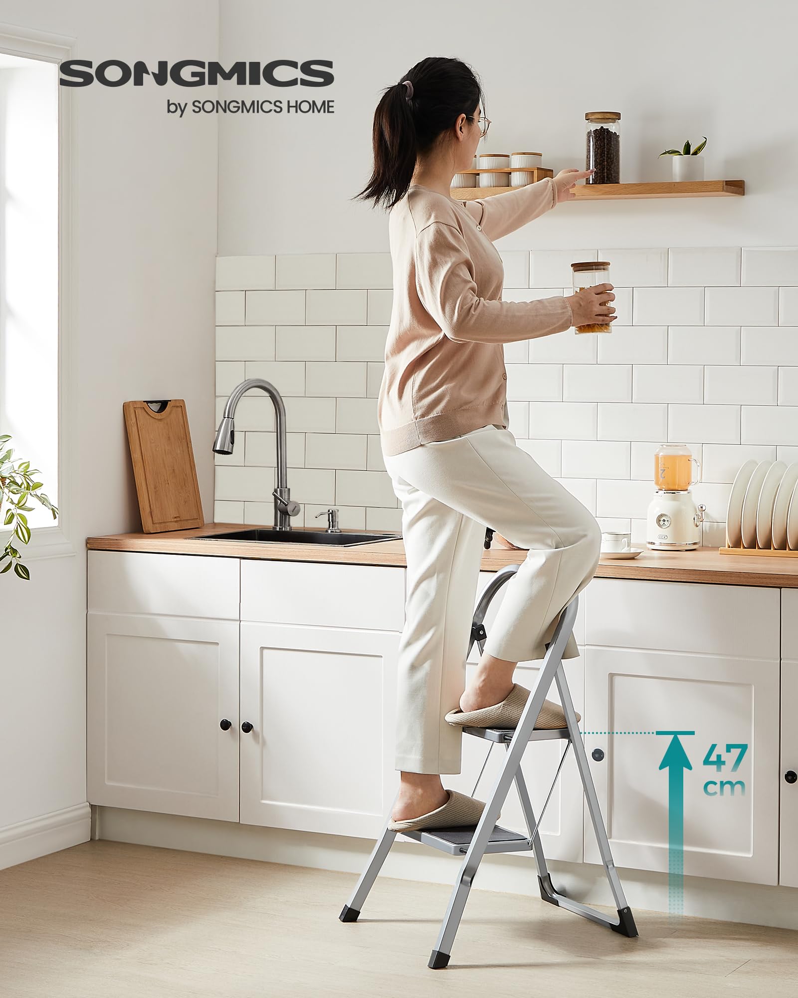 SONGMICS Step Ladder, 2-Step Ladder, Folding Ladder, Safety Lock, Space-Saving Storage, Holds up to 330 lb, Dove Gray UGSL012G01 SONGMICS