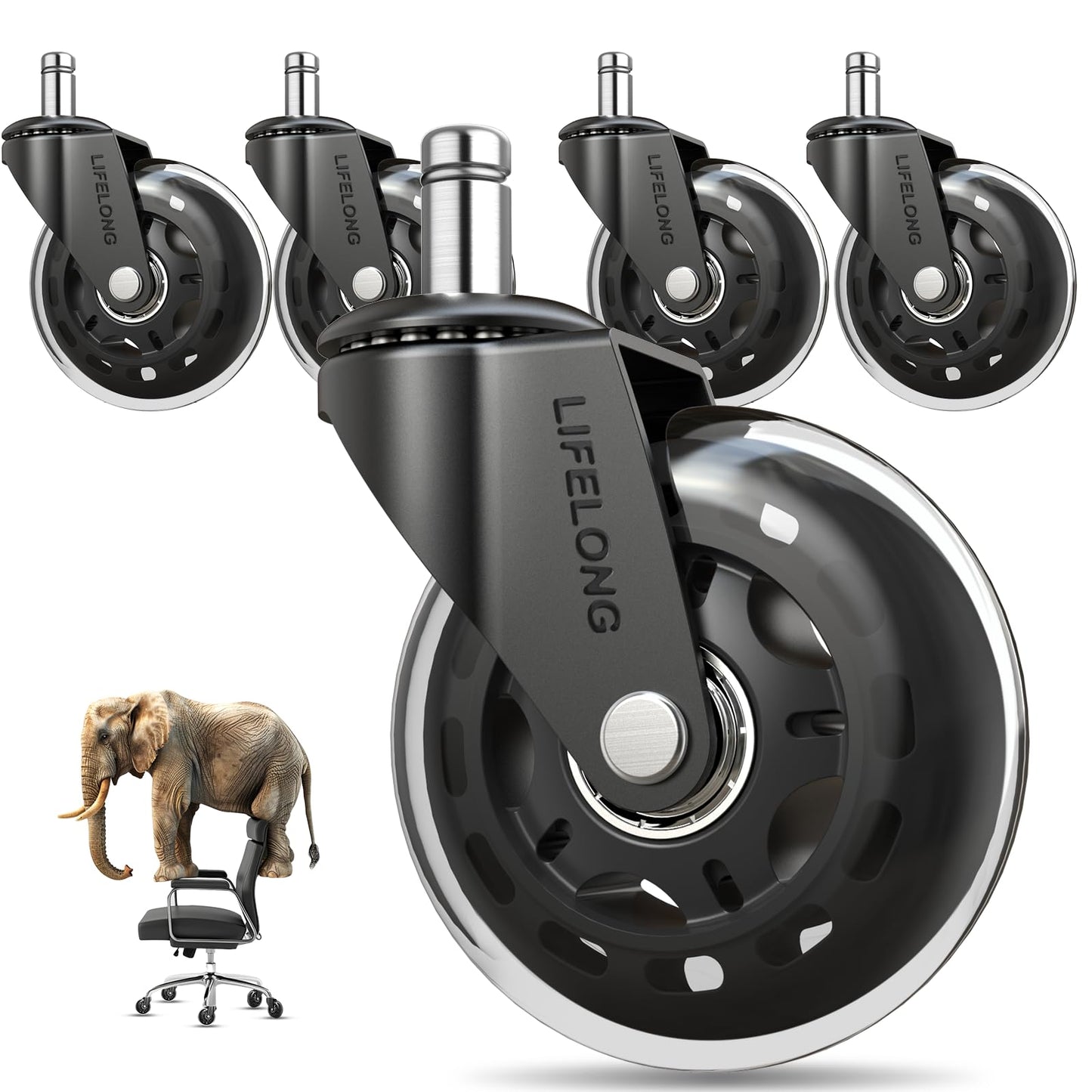 Lifelong Office Chair Wheels Replacement Rubber Chair Casters for Hardwood Floors and Carpet, Set of 5, Heavy Duty Casters for Chairs to Replace Office Chair Mats - Fits 98% - Available at All In One Marketplace Canada