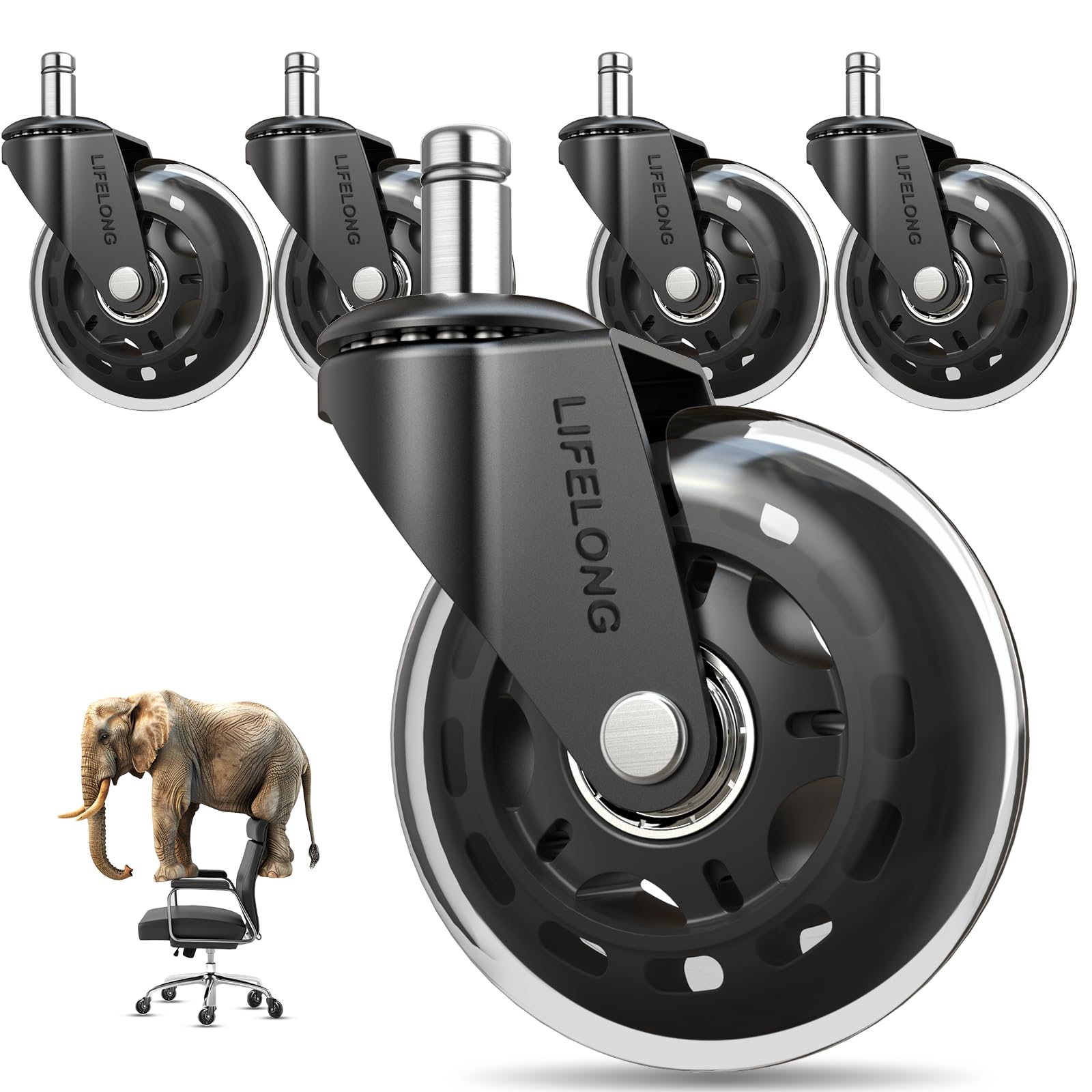 Lifelong Office Chair Wheels Replacement Rubber Chair Casters for Hardwood Floors and Carpet, Set of 5, Heavy Duty Casters for Chairs to Replace Office Chair Mats - Fits 98% - Available at All In One Marketplace Canada