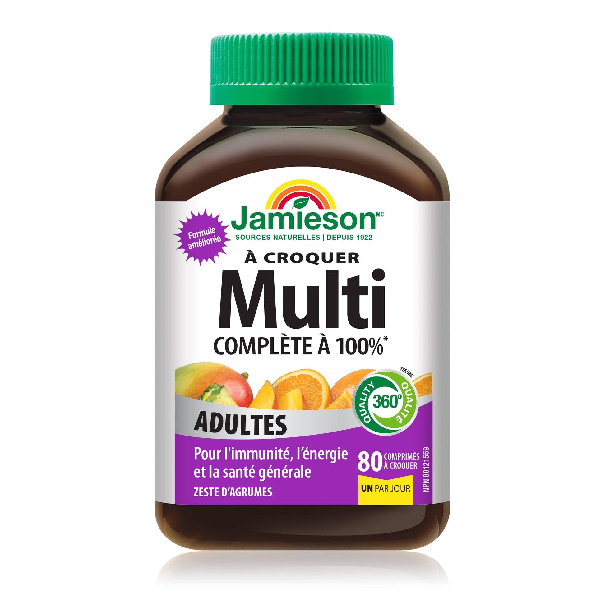 Jamieson 100% Complete Multivitamin Chewable for Adults Citrus Twist Flavour, with Lutein, Calcium, and Biotin. Supports Immunity, Energy, and Overall Health, No Artificial Colours, Flavours, or Preservatives, One Per Day, 80 Count - Available at All In One Marketplace Canada