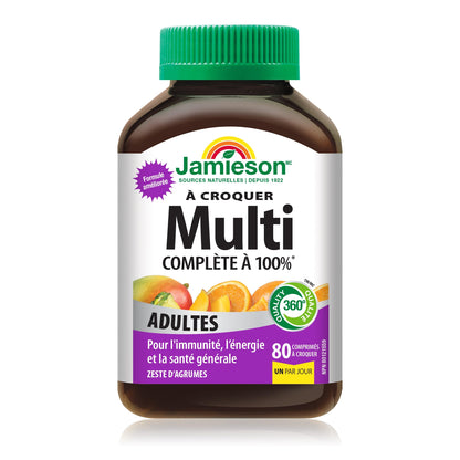Jamieson 100% Complete Multivitamin Chewable for Adults Citrus Twist Flavour, with Lutein, Calcium, and Biotin. Supports Immunity, Energy, and Overall Health, No Artificial Colours, Flavours, or Preservatives, One Per Day, 80 Count - Available at All In One Marketplace Canada