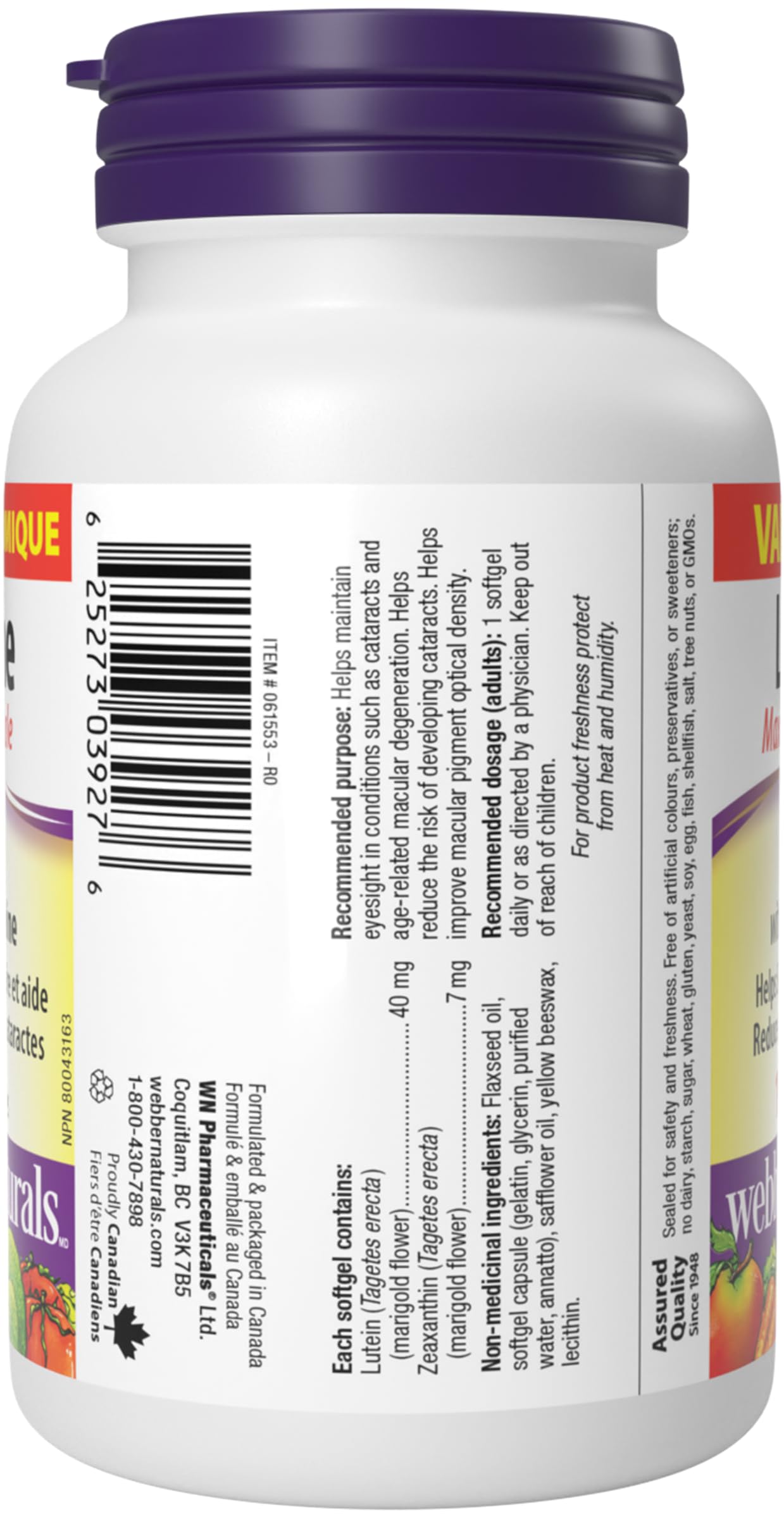Webber Naturals Lutein 40 mg, 120 Softgels, Maximum Strength Eye Support Supplement with Zeaxanthin - Available at All In One Marketplace Canada