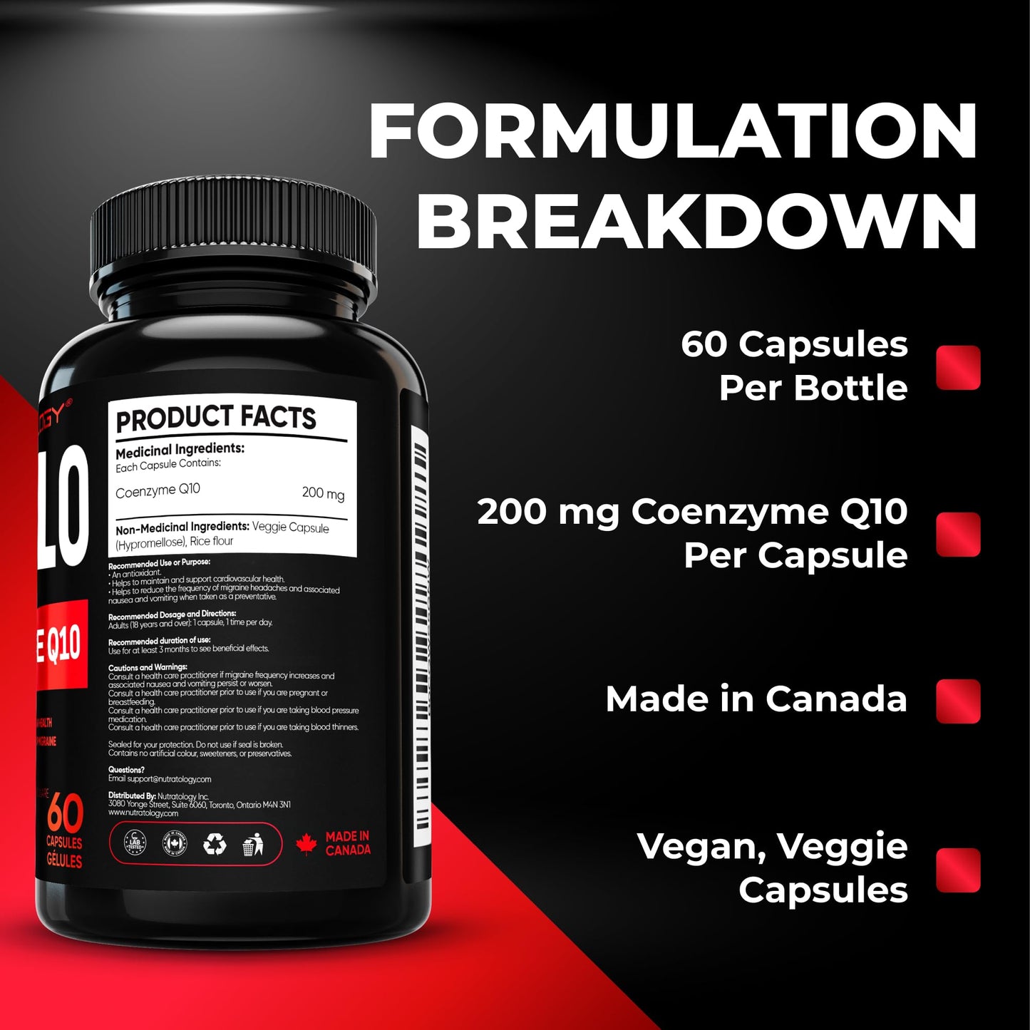 Nutratology® Coenzyme Q10 (CoQ10) 200MG - Cardiovascular Health Support - Antioxidant for Heart Health - Helps Reduce the Frequency of Migraines - CoQ10 Supplement - 60 Capsules - Available at All In One Marketplace Canada