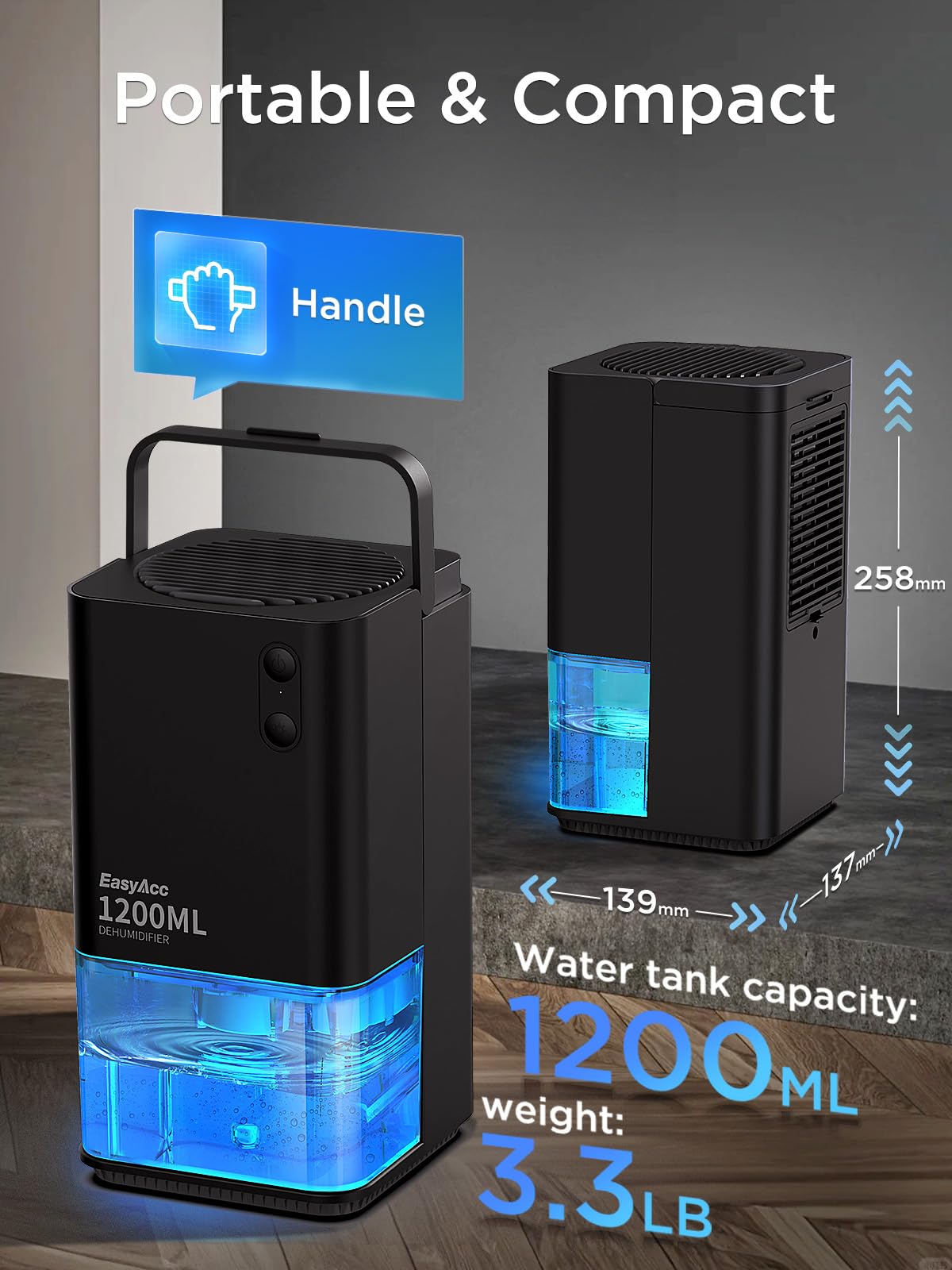 EasyAcc Dehumidifiers for Home Basements, 40oz Air Dehumidifier for Home(450sq ft) with Handle/7 LED Lights, Ultra Quiet & Auto Shut off Dehumidifiers for Bedroom Bathroom Closet RV 1200ml Black